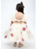 Puff Sleeves Tulle Tea Length Floral Flower Girl Dress